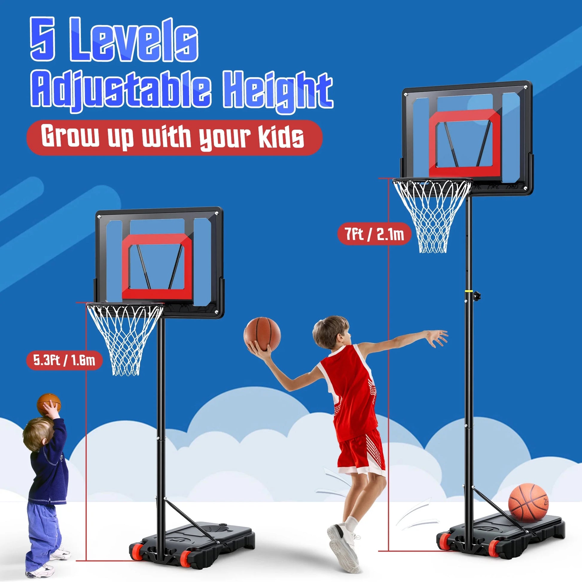 33In Portable Basketball Hoop Outdoor, 5-7Ft Height Adjustable Basketball Goals for Kids Toddlers Play Outdoor