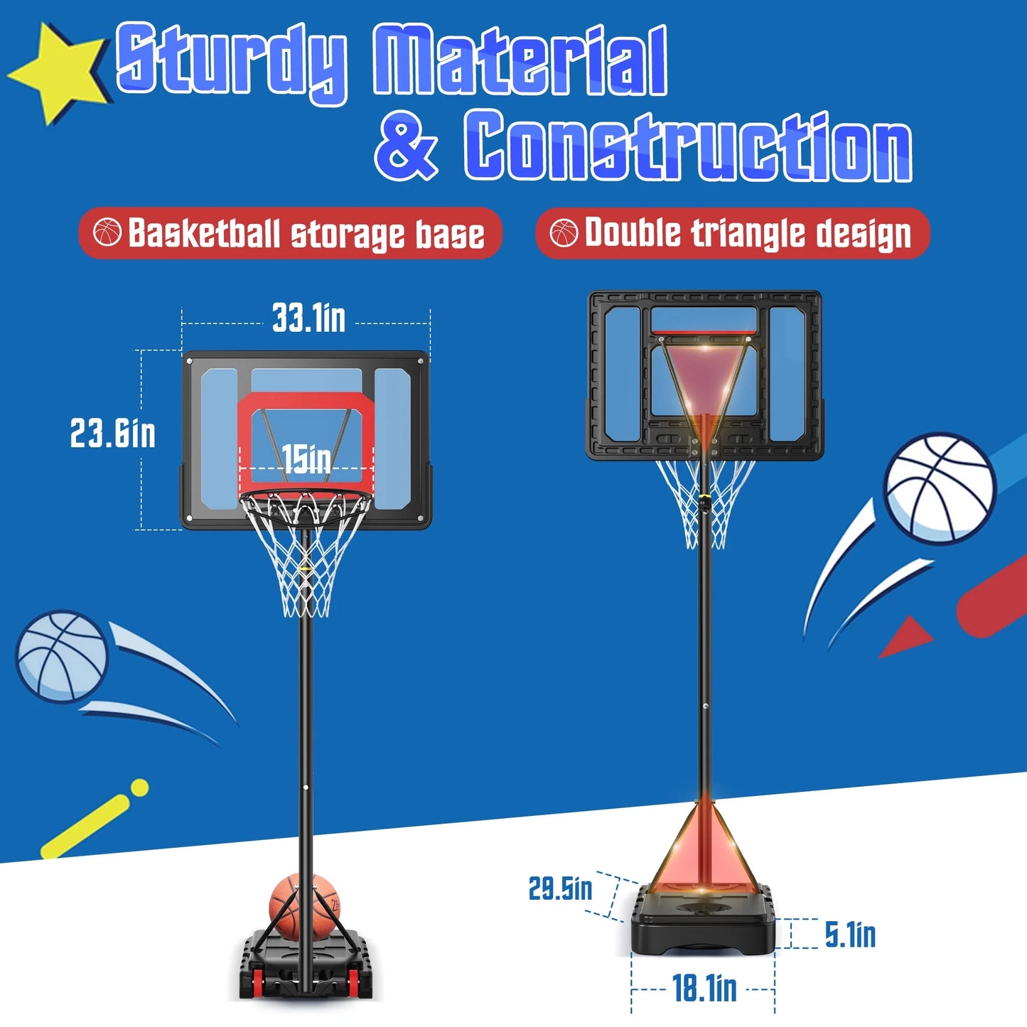 33In Portable Basketball Hoop Outdoor, 5-7Ft Height Adjustable Basketball Goals for Kids Toddlers Play Outdoor